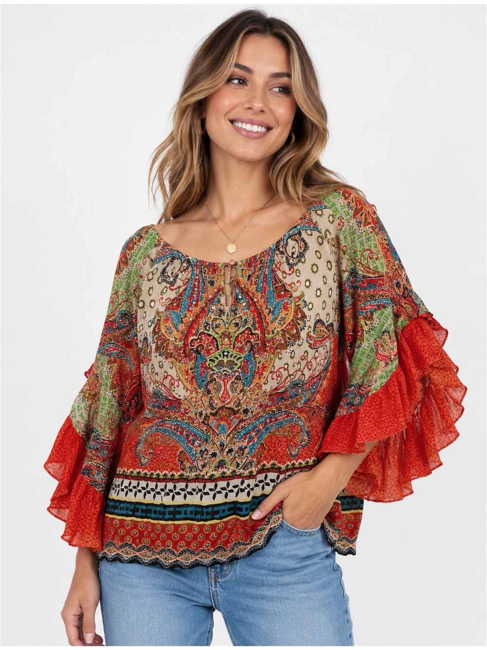 Bila, Multi Colored Paisley Ruffled Sleeve Peasant Top With Front Embellishments
